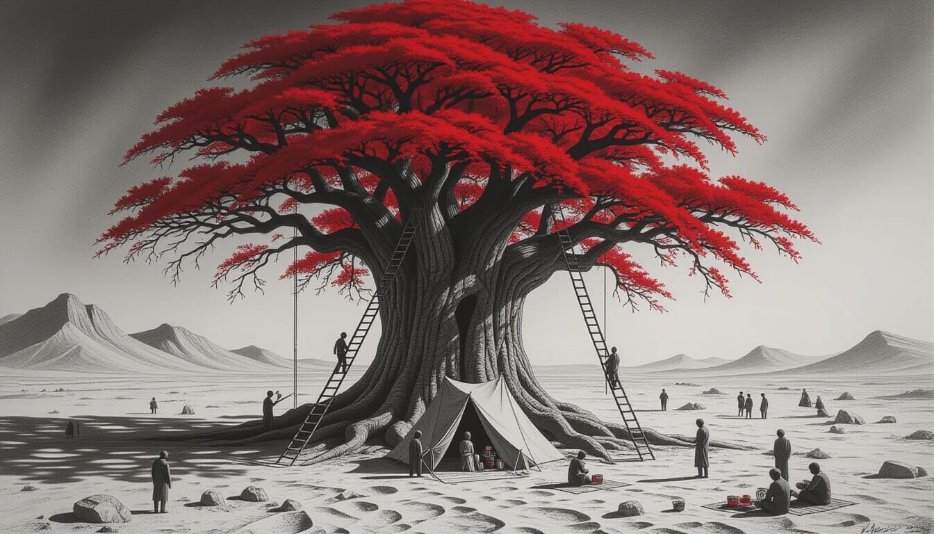 Surreal Red Tree Ascends Desolate Desert Landscape