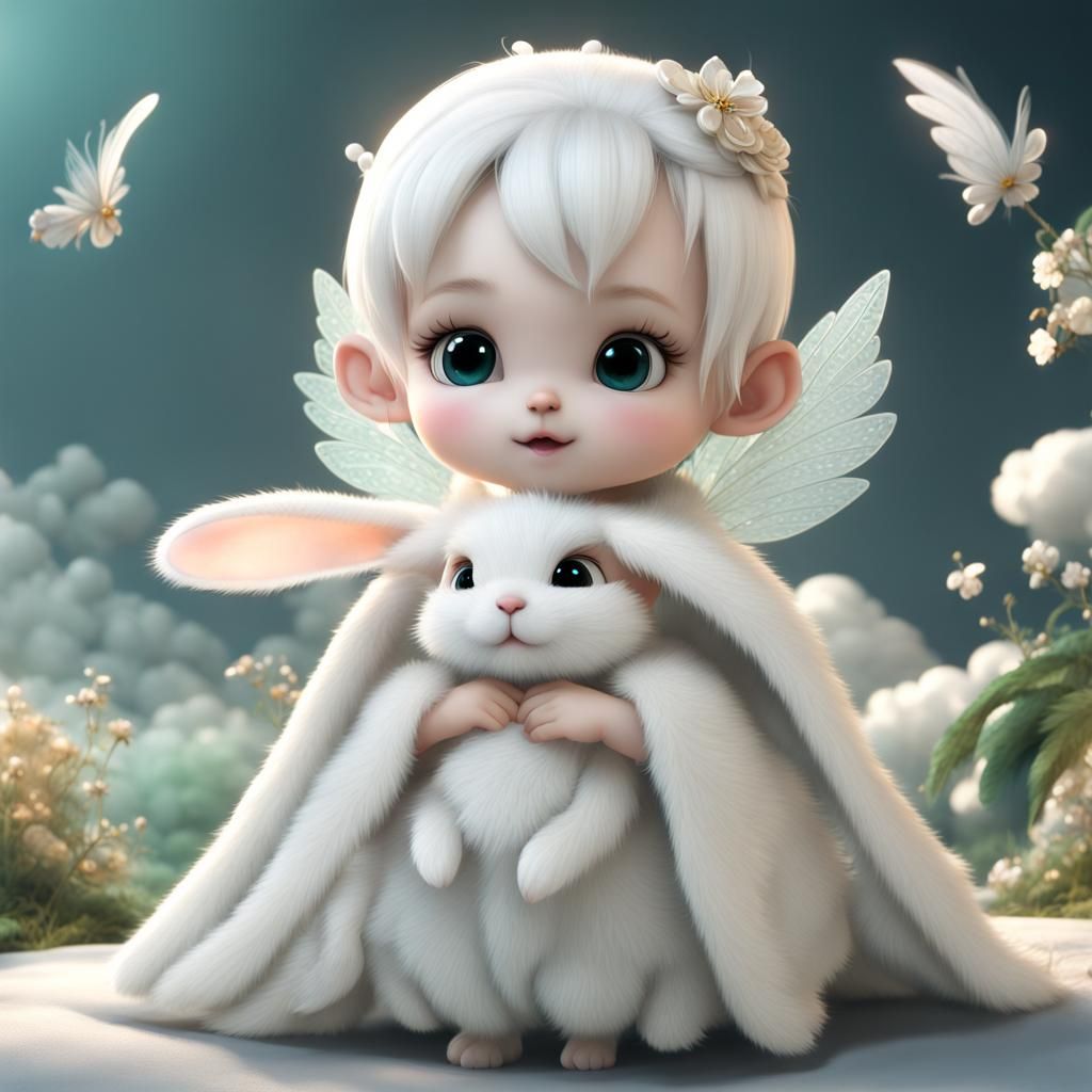 A super cute white fairy baby rabbit,
