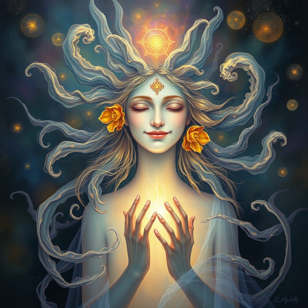 Ethereal Being Embodies Gratitude in a Dreamlike Cosmic Real...