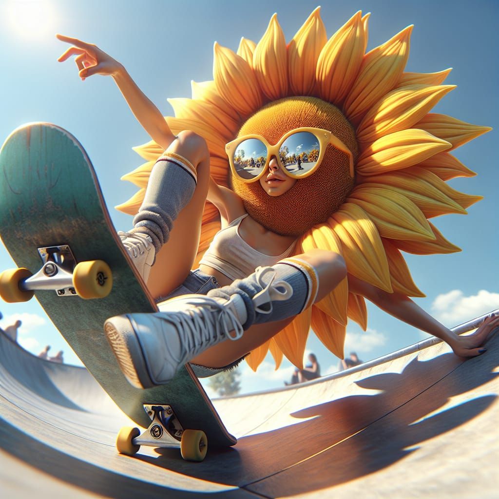Skateboarding Sunflower Radiates Coolness in Hyperrealism