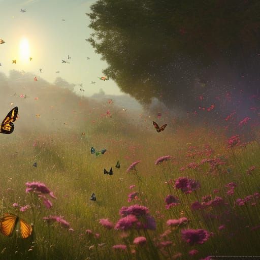 Butterflies in Summer Flower Garden, Hyperdetailed Digital A...