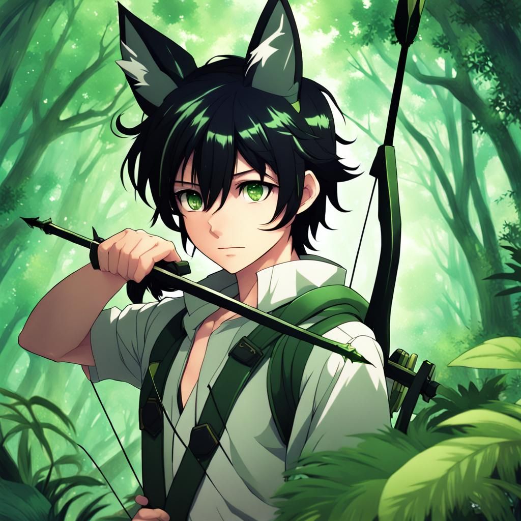 Fox-Eared Archer in Lush Rainforest, Anime Art