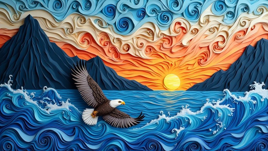 Surreal 3D Paper Art of a Bald Eagle Over Turbulent Waves