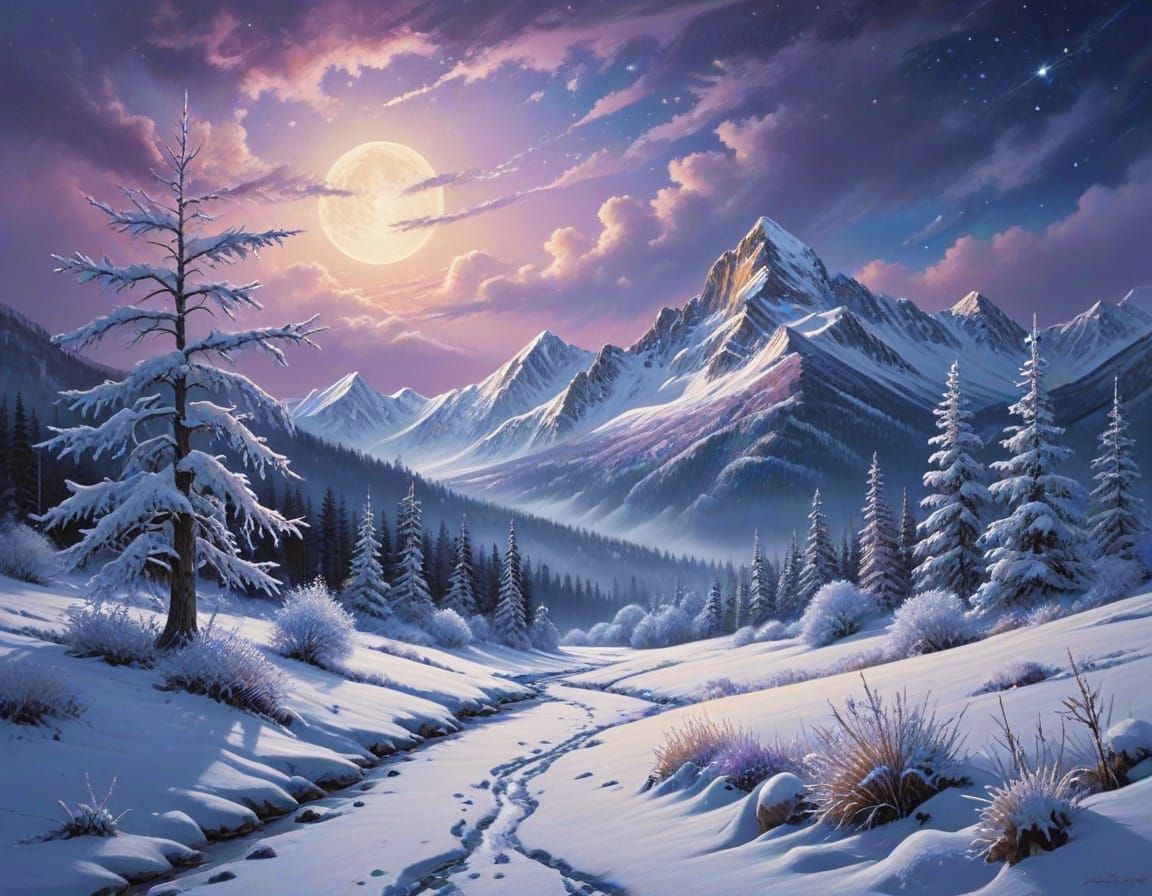 Moonlit Masterpiece of Serene Snowy Peaks