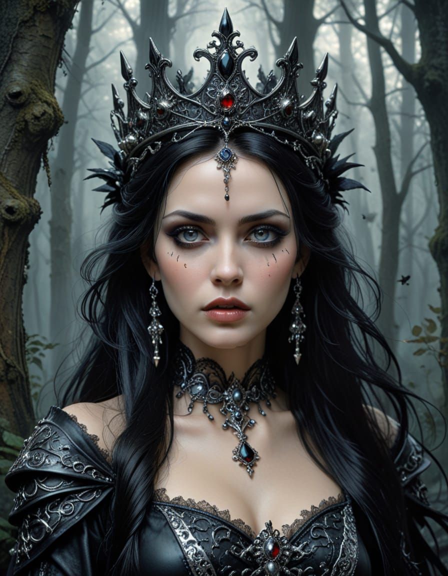 Gothic Queen Portrait in Dark Enchanted Forest