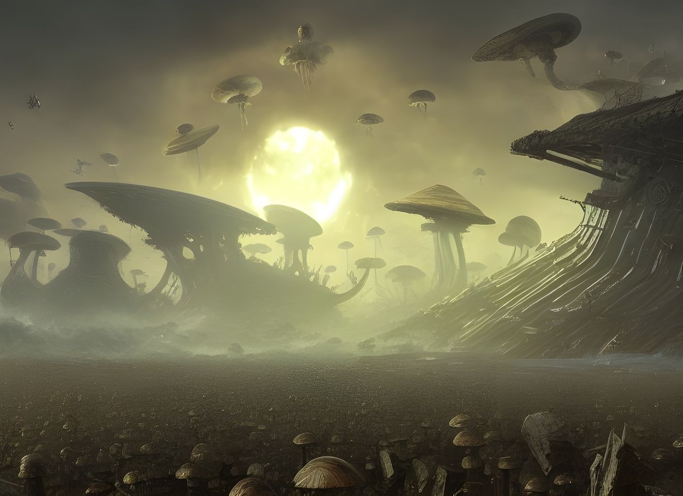 Mushroom City Destroyer Invasion: Epic Digital Art