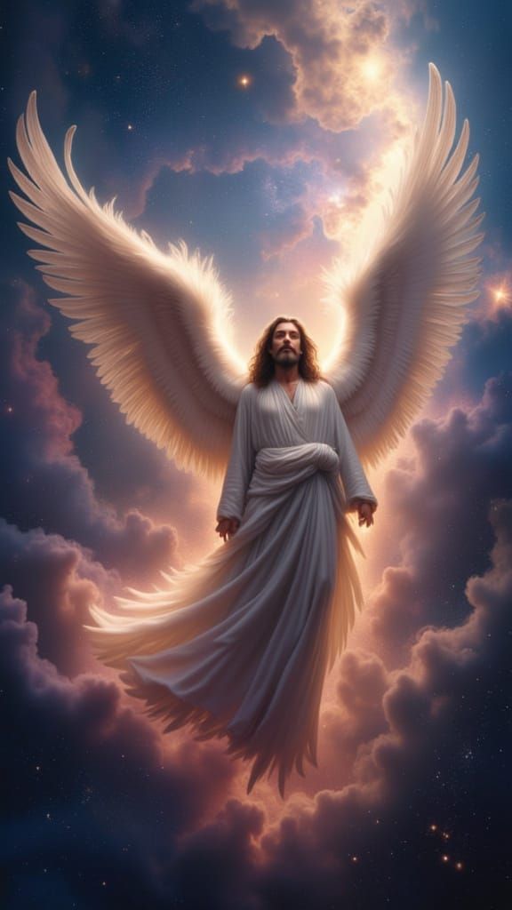 Majestic Angel Descends from Vibrant Nebula in Digital Matte...