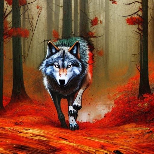 Wolf in Autumn Forest: Detailed Surrealist Oil Painting