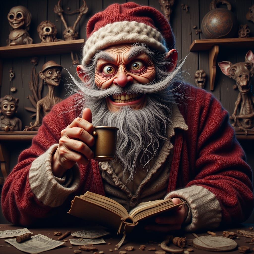 Weary Santa Claus Sketches Toy Designs in Cozy Workshop