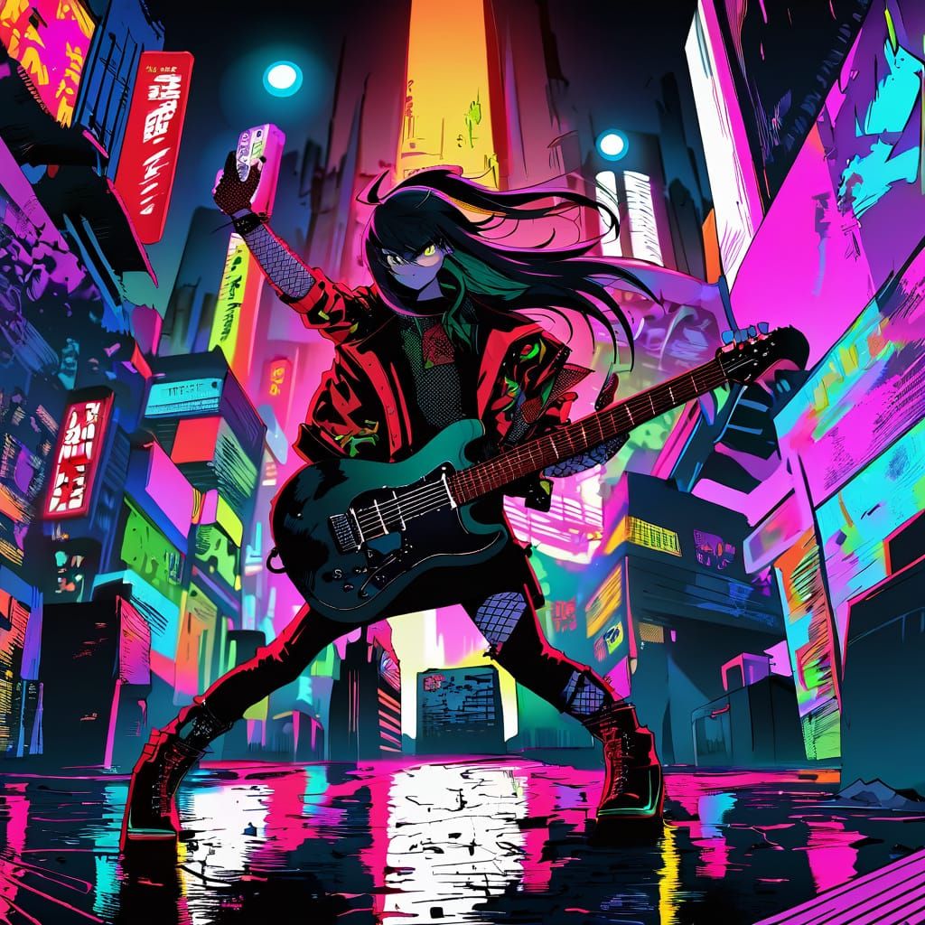 Anime Punk Rock Girl Rocks Electric Guitar on City Street