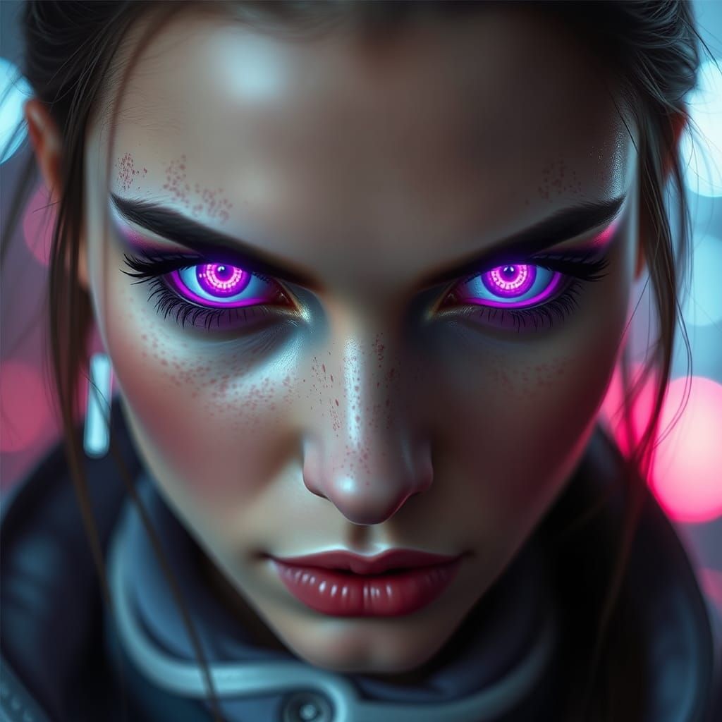 Cyberpunk Woman's Glowing Purple Eyes Close-Up