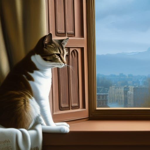 Woman with Tabby Cat by Window, in Oil Painting Style