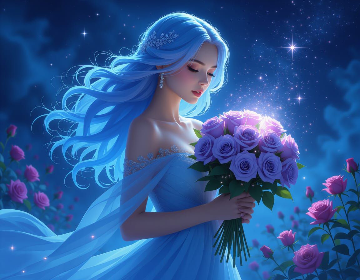 Mystical Woman with Roses in Cosmic Landscape