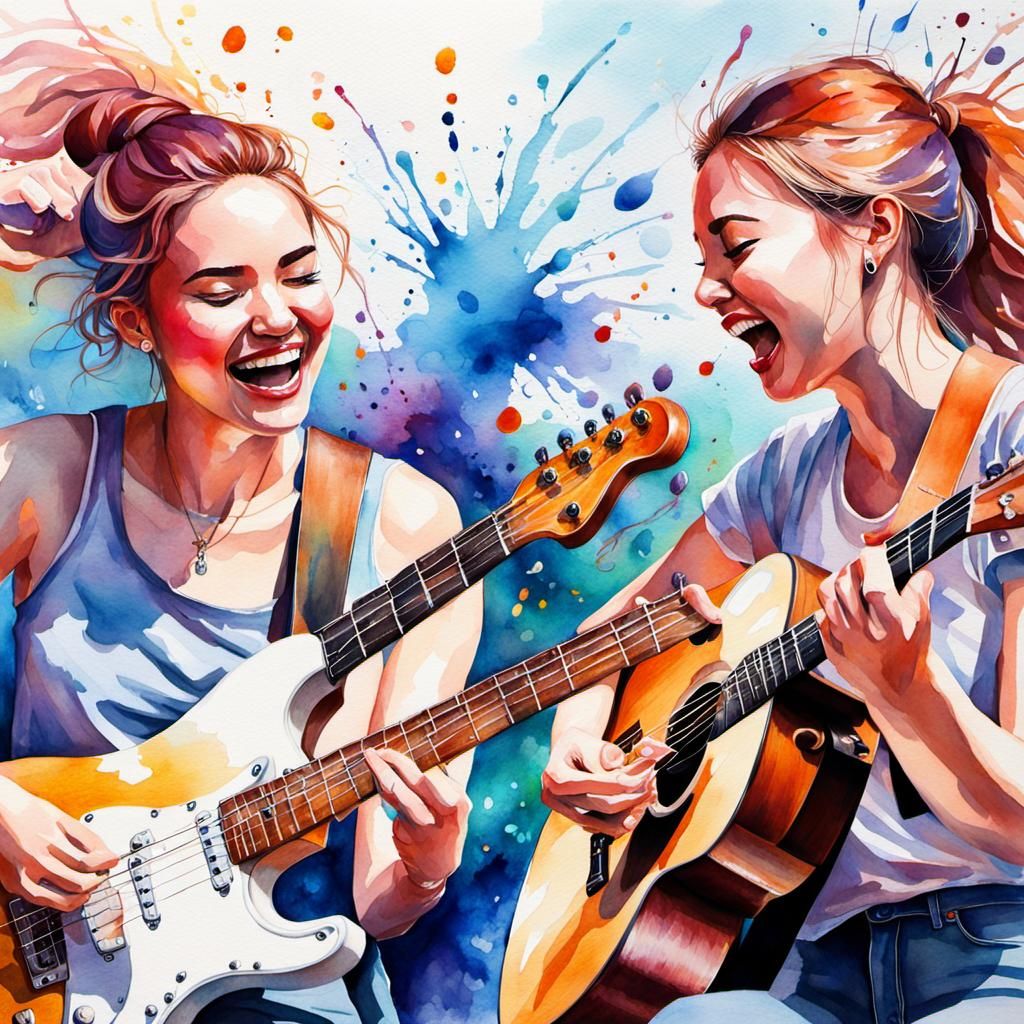 Aesthetic Watercolour of Teenage Best Friends Playing Music