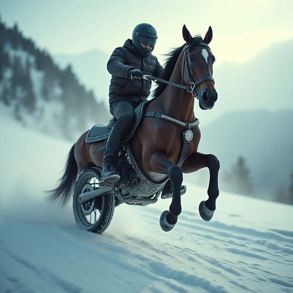 Epic Horse Motorcycle Ride Down Snowy Mountain