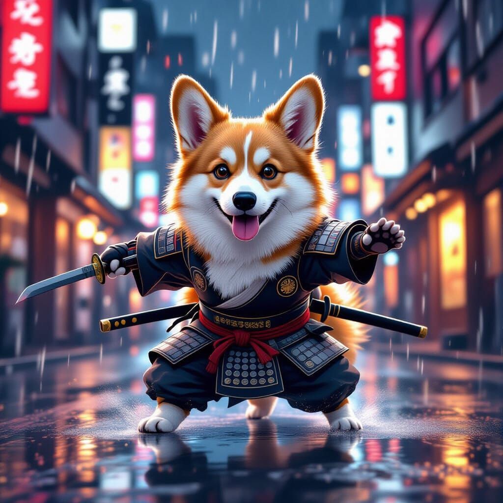 Corgi Transforms Into Samurai Warrior in Neon Tokyo
