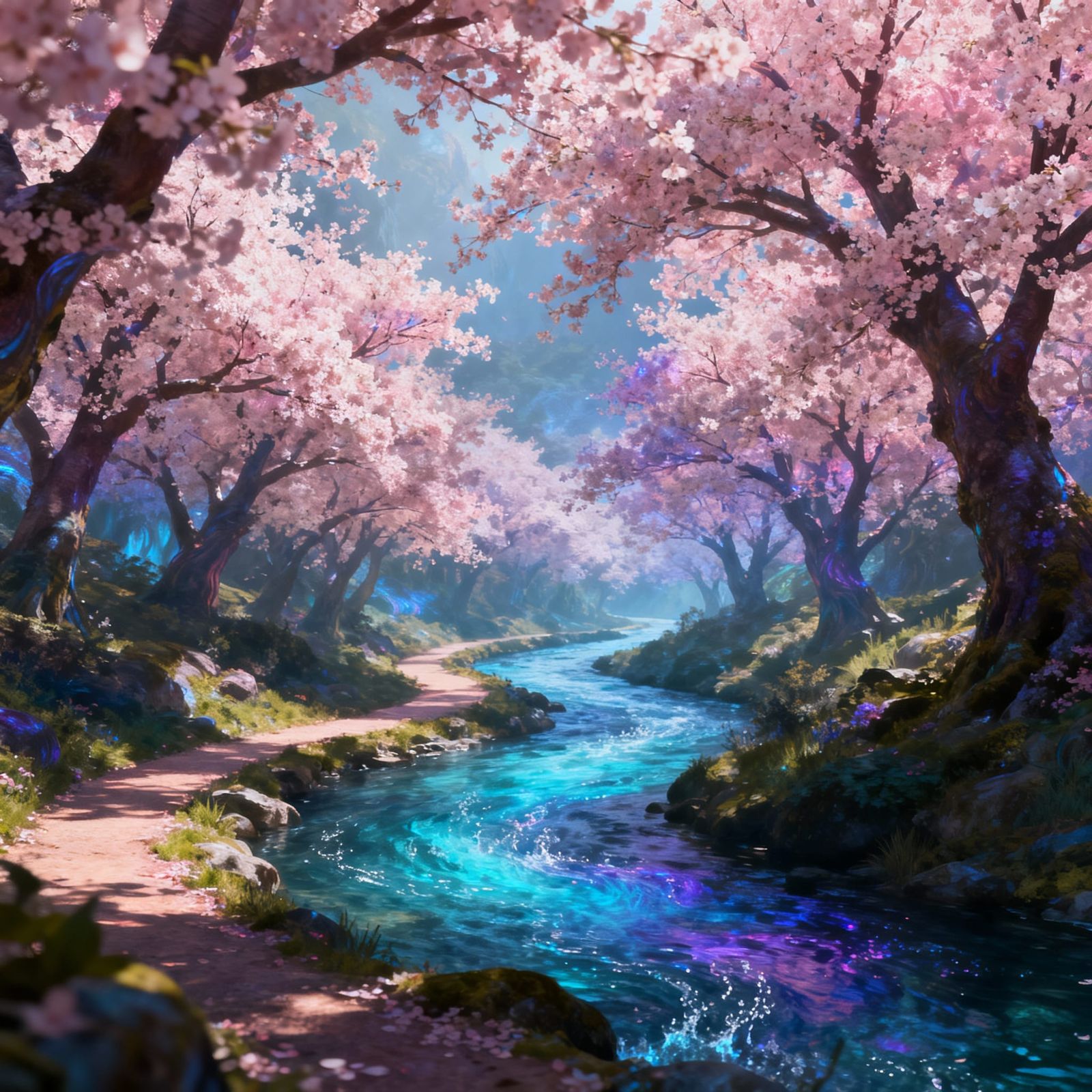 Serene River Trail with Cherry Blossoms