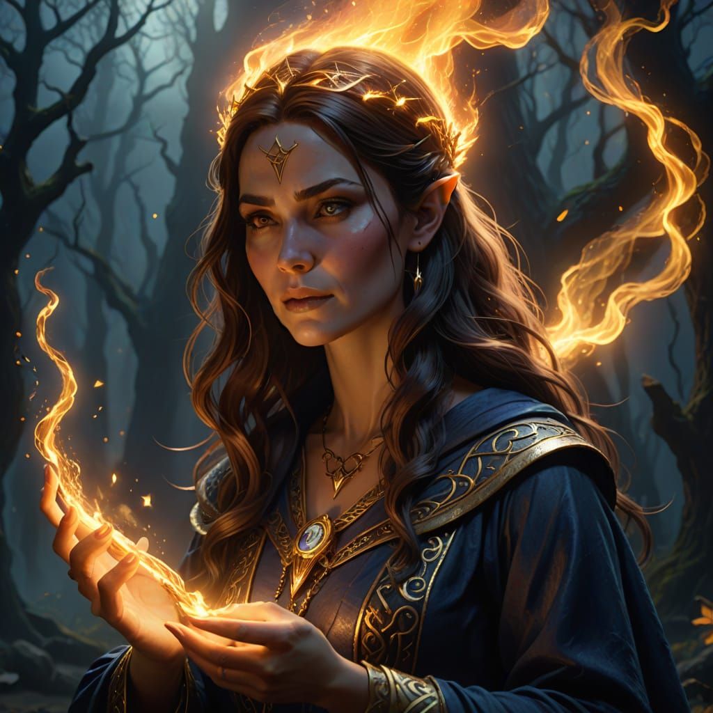 Sorceress Casting Spell in Vibrant Oil Painting