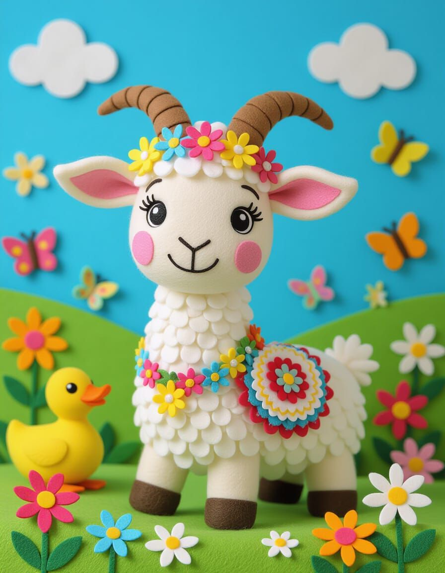 Felt Art Goat on Colorful Beach Holidays with Butterflies