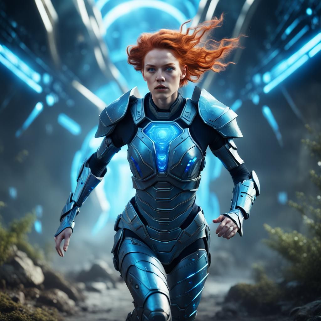 Futuristic Ginger Woman Running in Energy Field