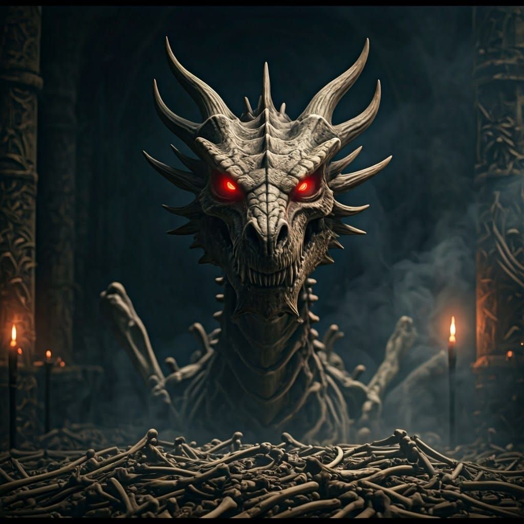 Cinematic Bone Dragon God in Smoky Relic Chamber