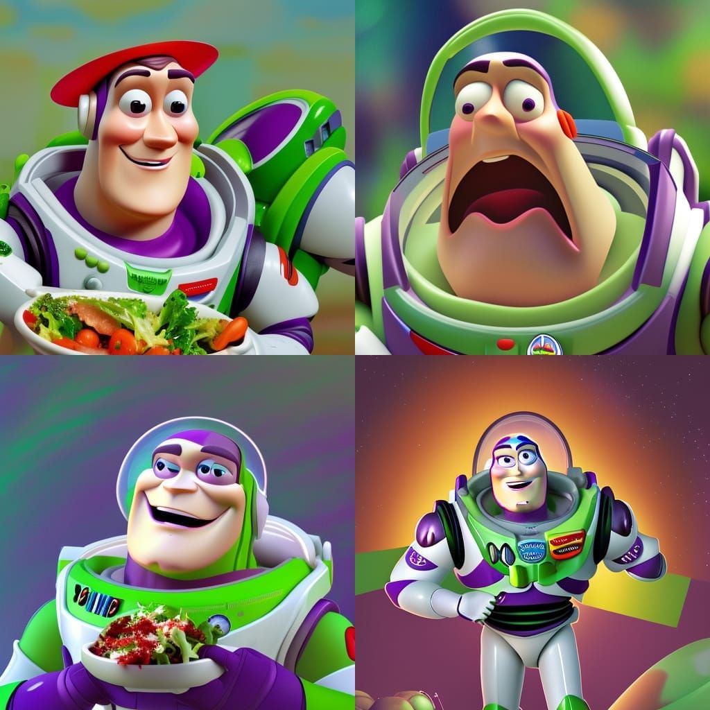 Buzz Lightyear's Salad Lunch: Hyperrealistic Splash Art