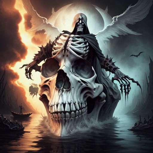 Grim Reaper's Journey: Gothic Art on Dark Waters