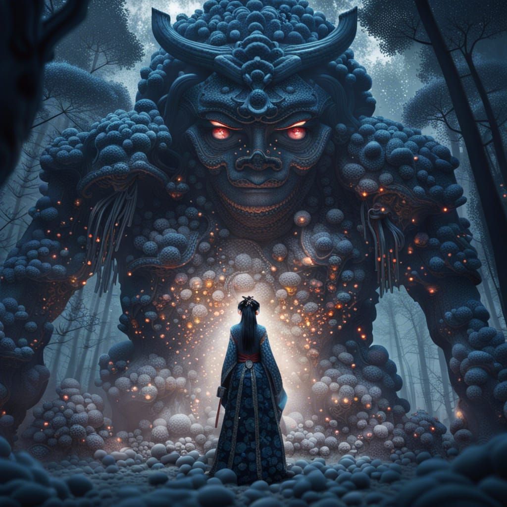 Geisha Queen Battles Stone Golems in Winter Forest