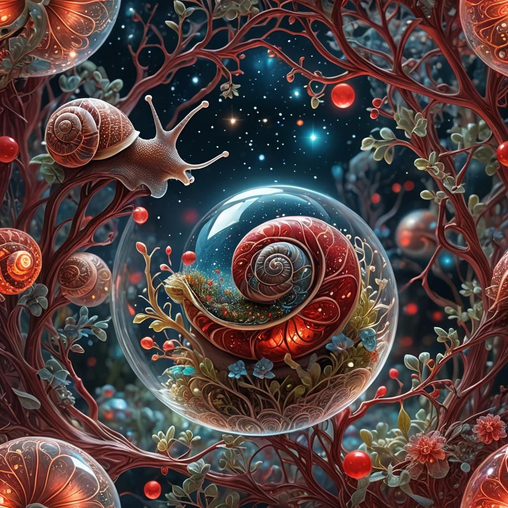 Glass Shell Snail with Bioluminescent Fractal Plants
