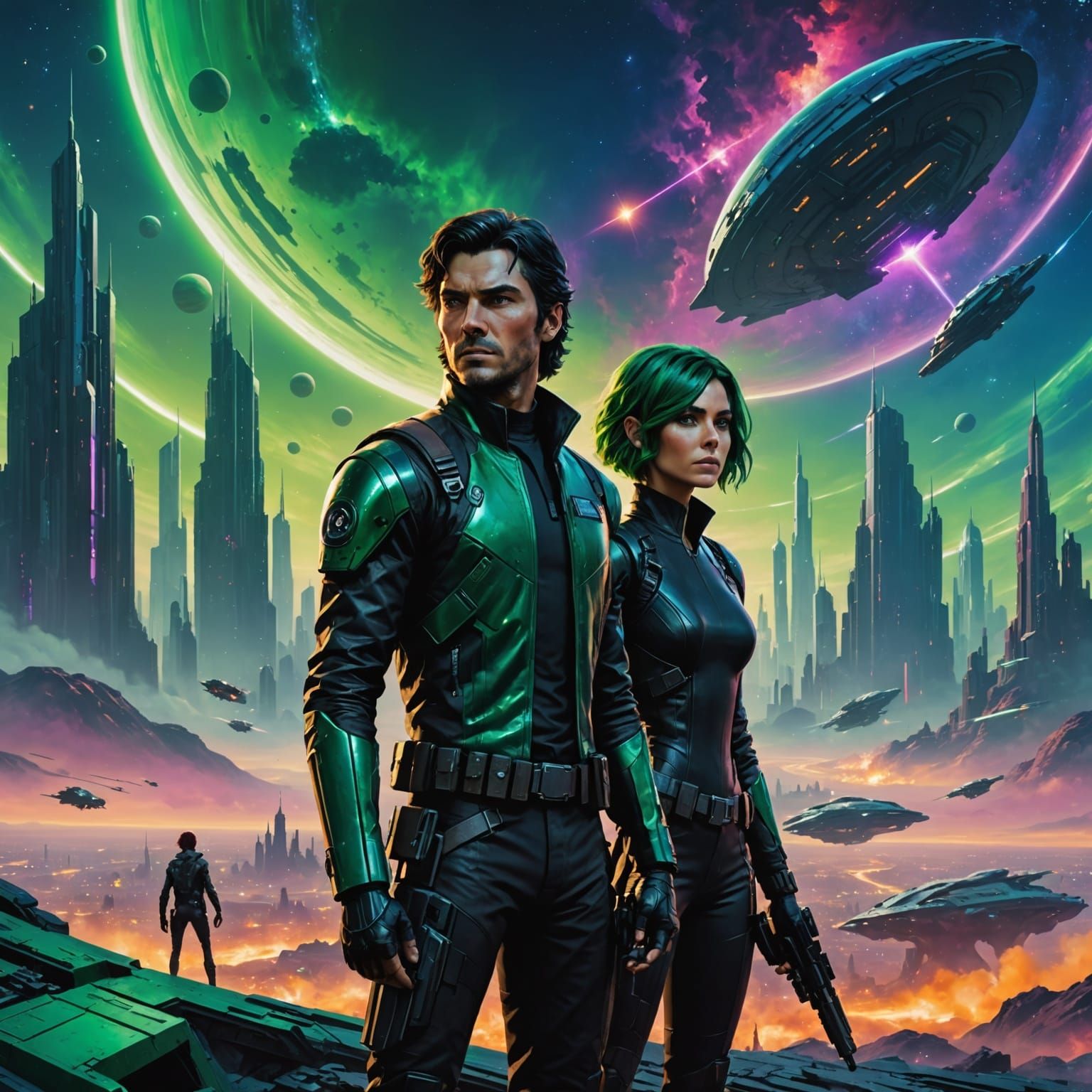 Galactic Smuggler and Agent in Futuristic Cityscape