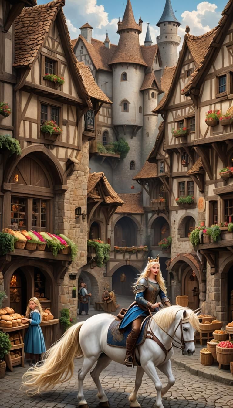 Princess on Unicorn Visits Medieval Village Bakery