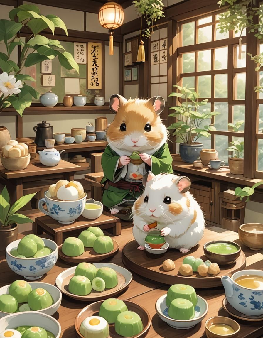 Hamster's Delight: Kawaii Matcha Mochi in Anime Style