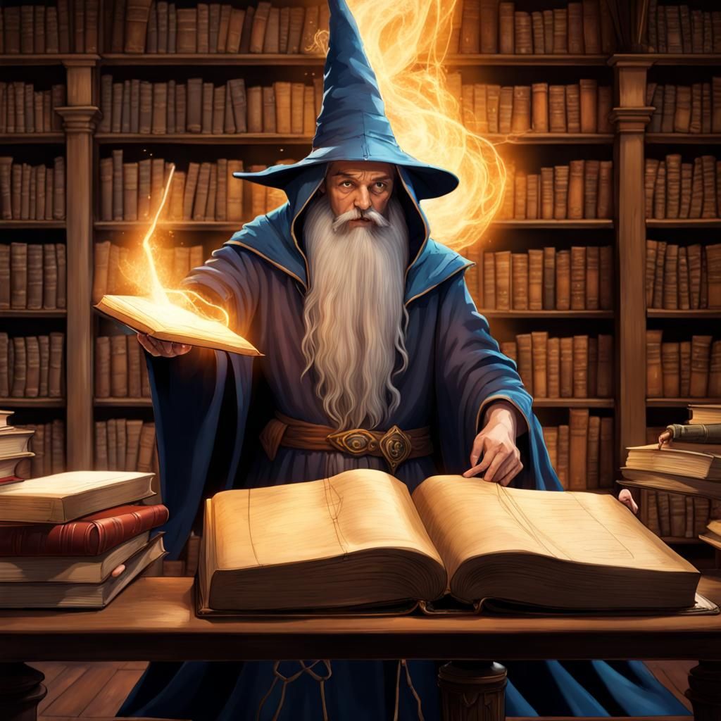 Wizard Casting Spells in Ancient Library