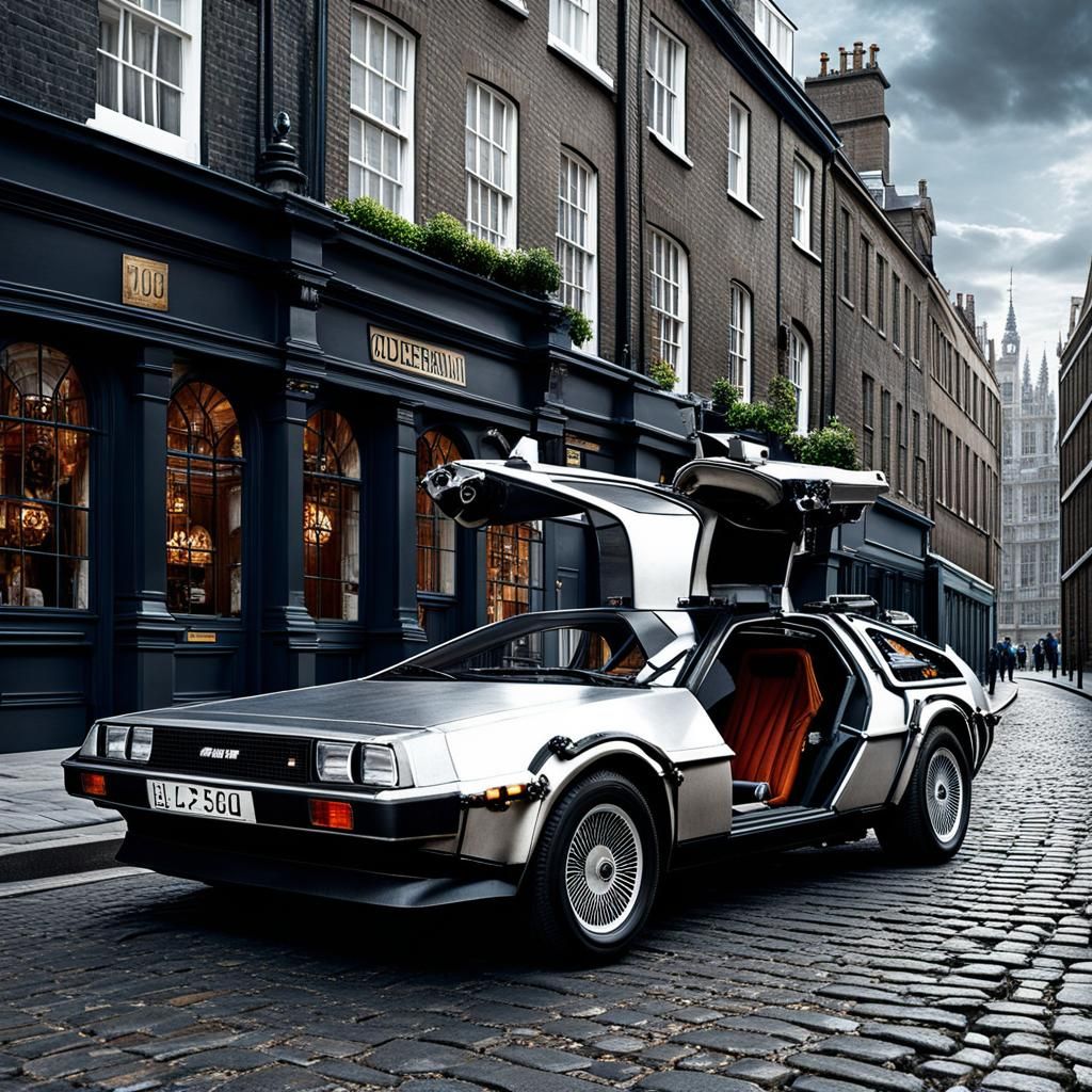 DeLorean Time Machine in Steampunk London, 1850