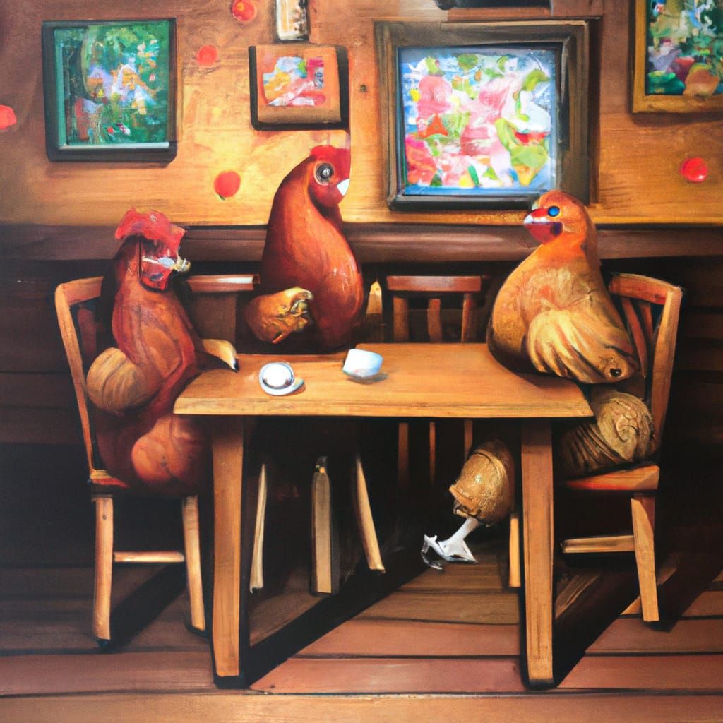 Chickens Plotting in Coffee Shop, Acrylic Art
