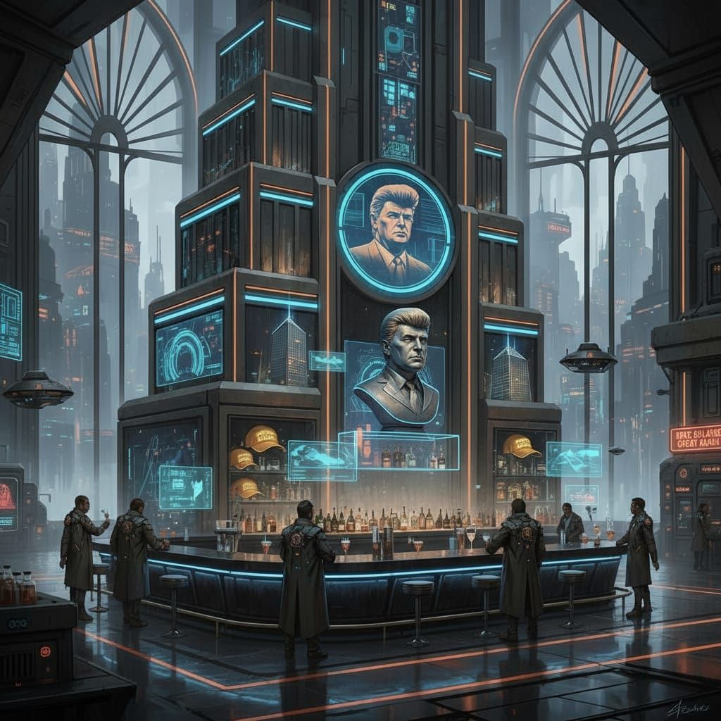 Sci-Fi Bar with Trump Tower Motif in Cyberpunk Style