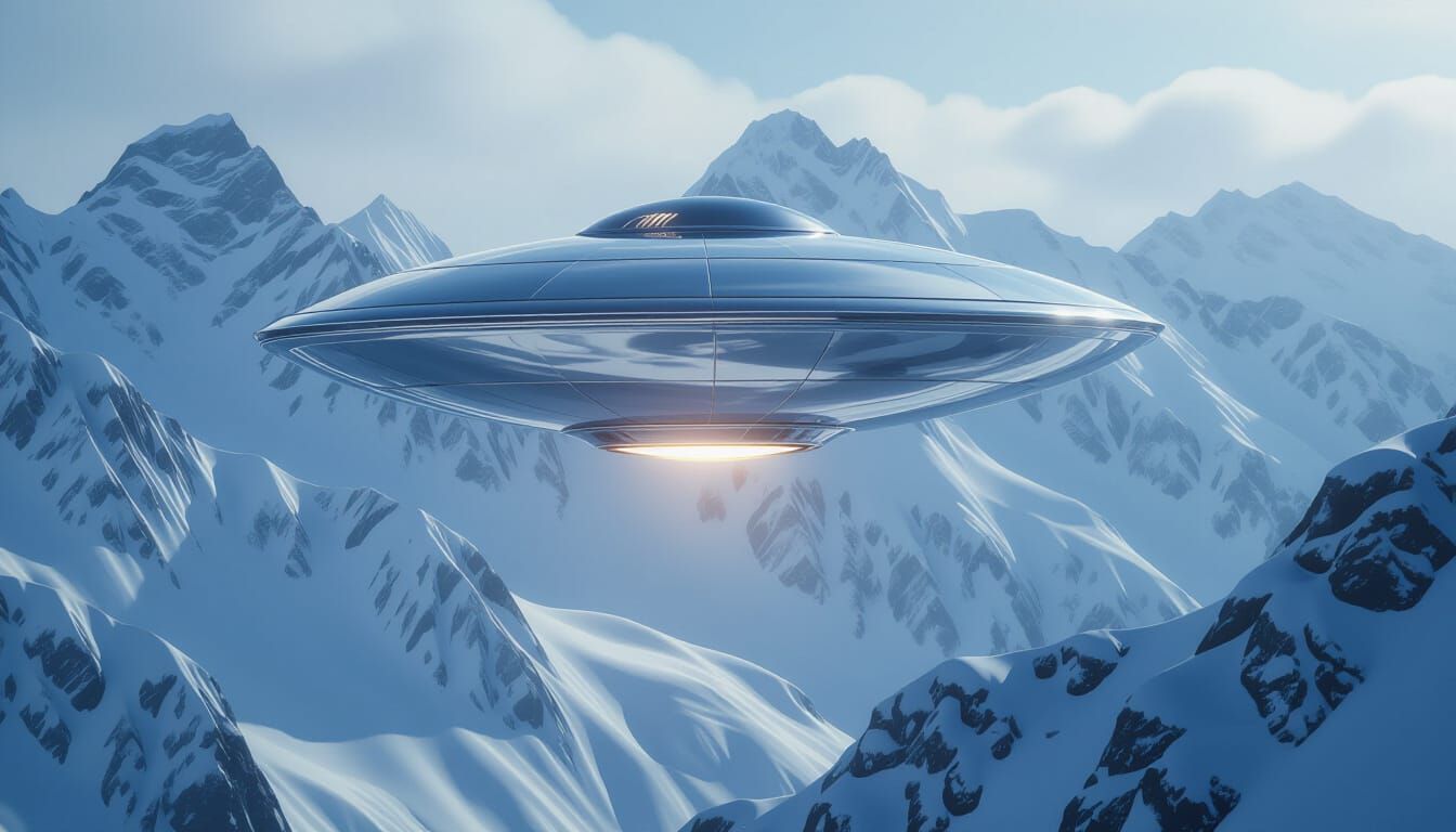 Chrome UFO Over Snowy Alps in Blizzard