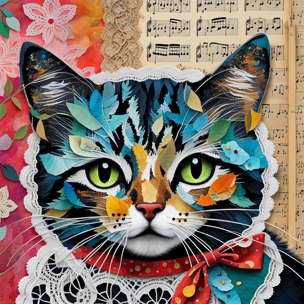 Cute Cat as Mixed Media Paper Collage Painting