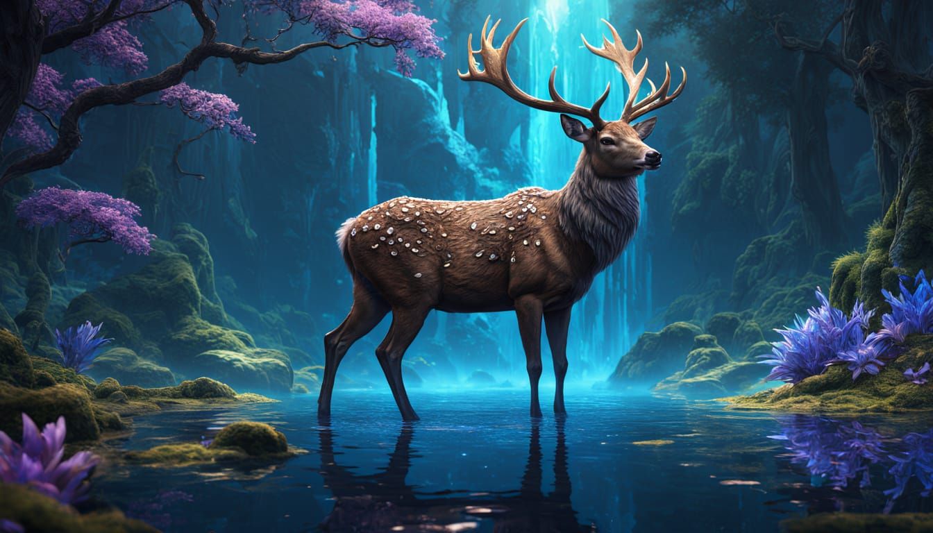 Sapphire Deer Beside a Magical Spring, Fantasy Art