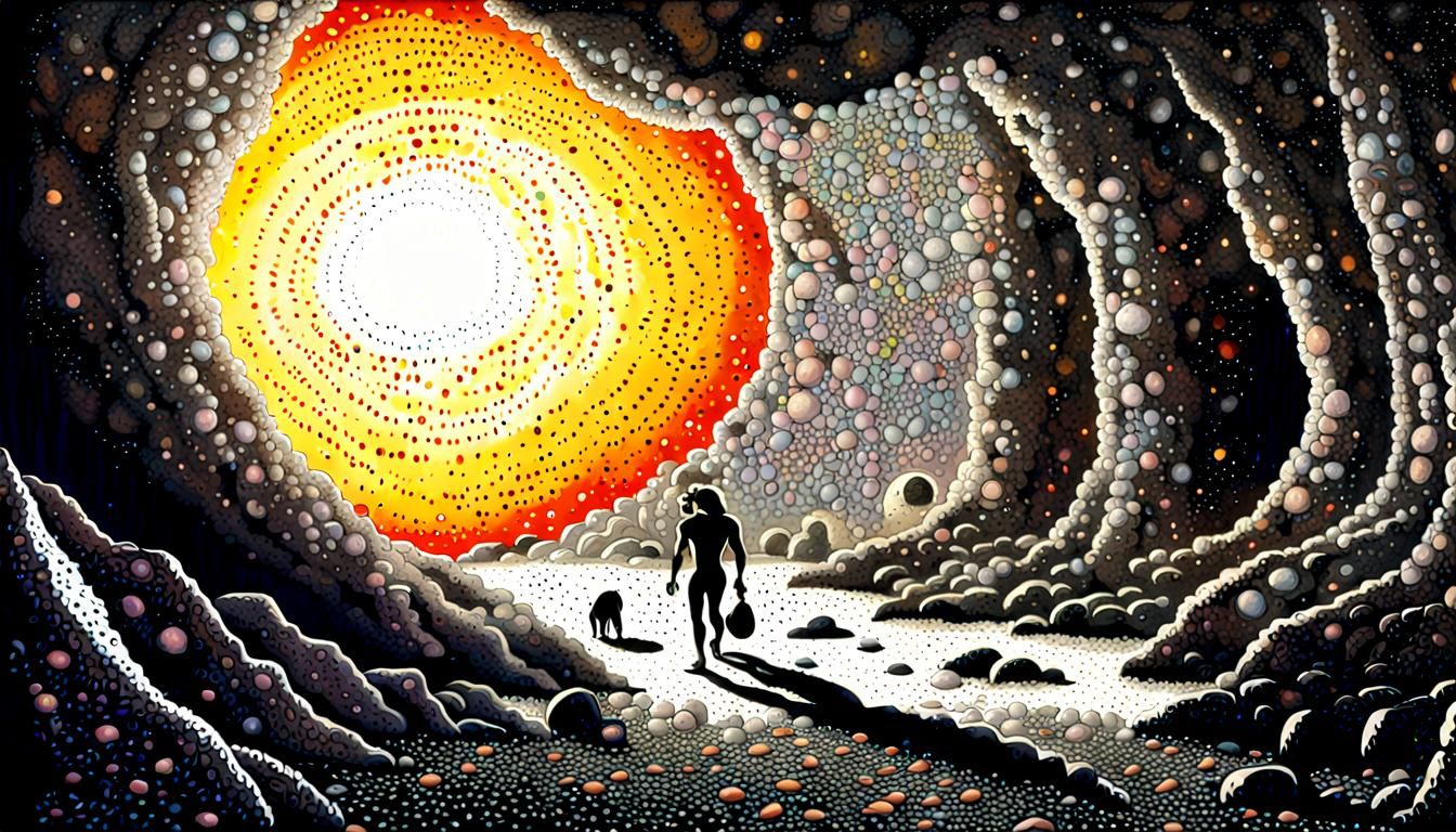 Caveman Hunting After Asteroid Impact, in Pointillism