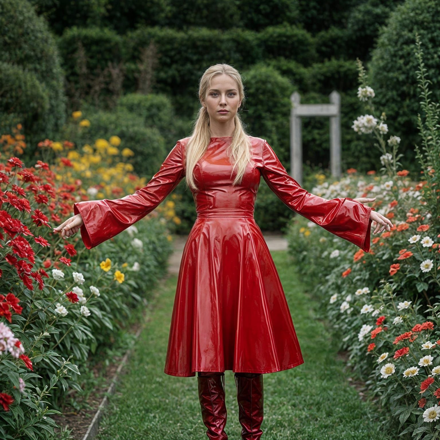 Woman in Red PVC Dress in Garden