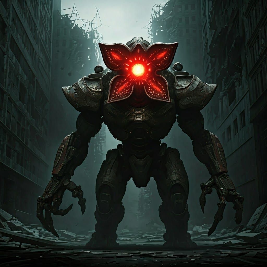 Mecha Horror in Dystopian Ruins, in Cyberpunk Style