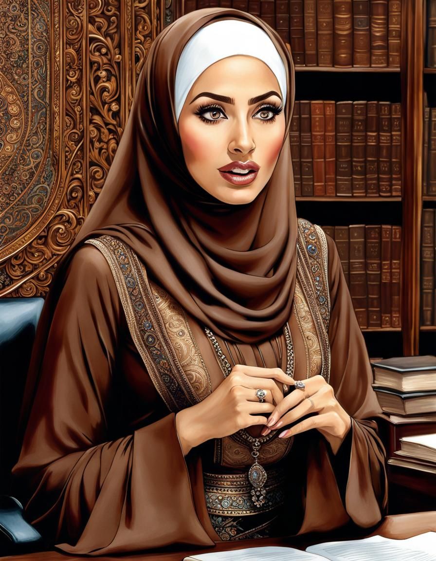 Surprised Hijabi Business Woman Portrait in Arthur Rackham S...