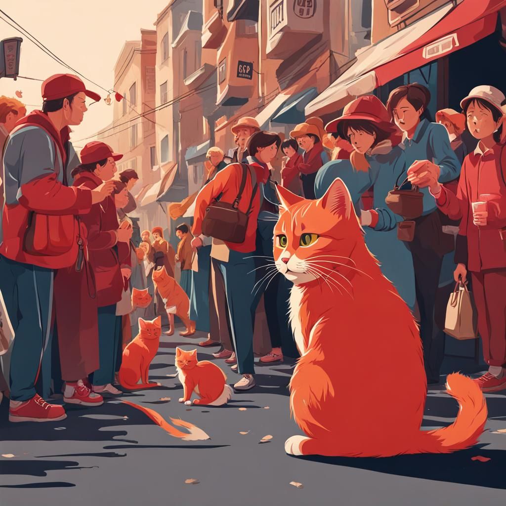 Red Cat Begs for Food on Crowded Street