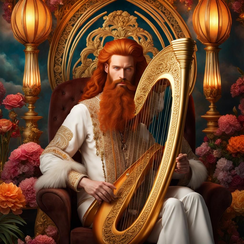 Hyperreal Ginger King Plays Harp in Opulent Setting