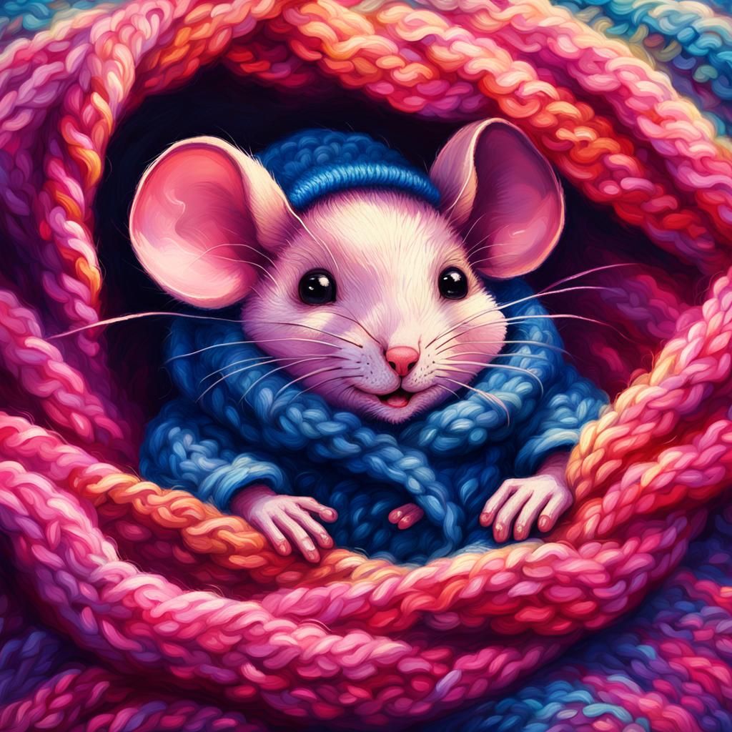 Pink Mouse in Blanket: Whimsical Oil Painting