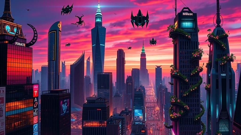Futuristic Cityscape at Dusk in Neon Light