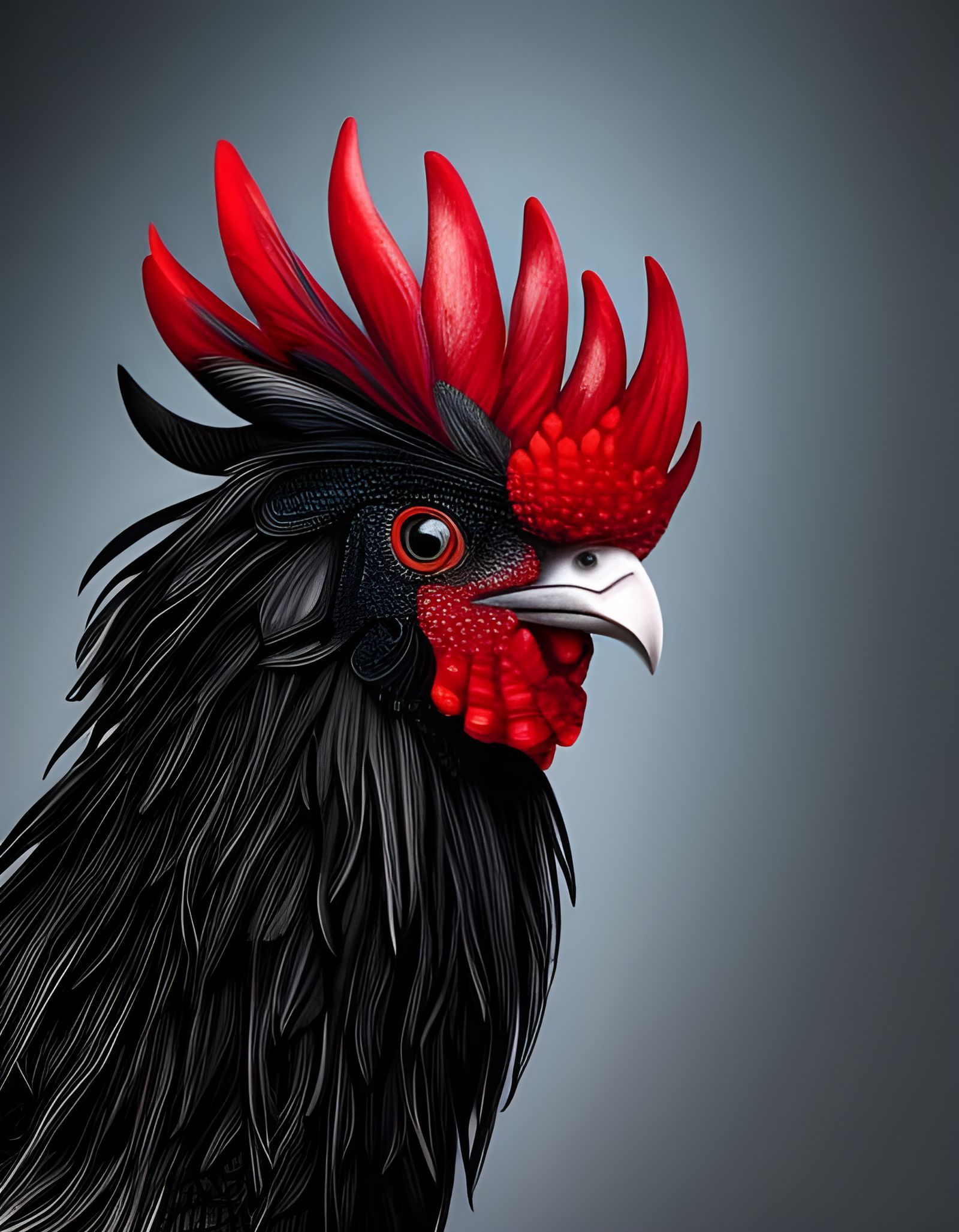 photorealistic illustration of a black red rooster