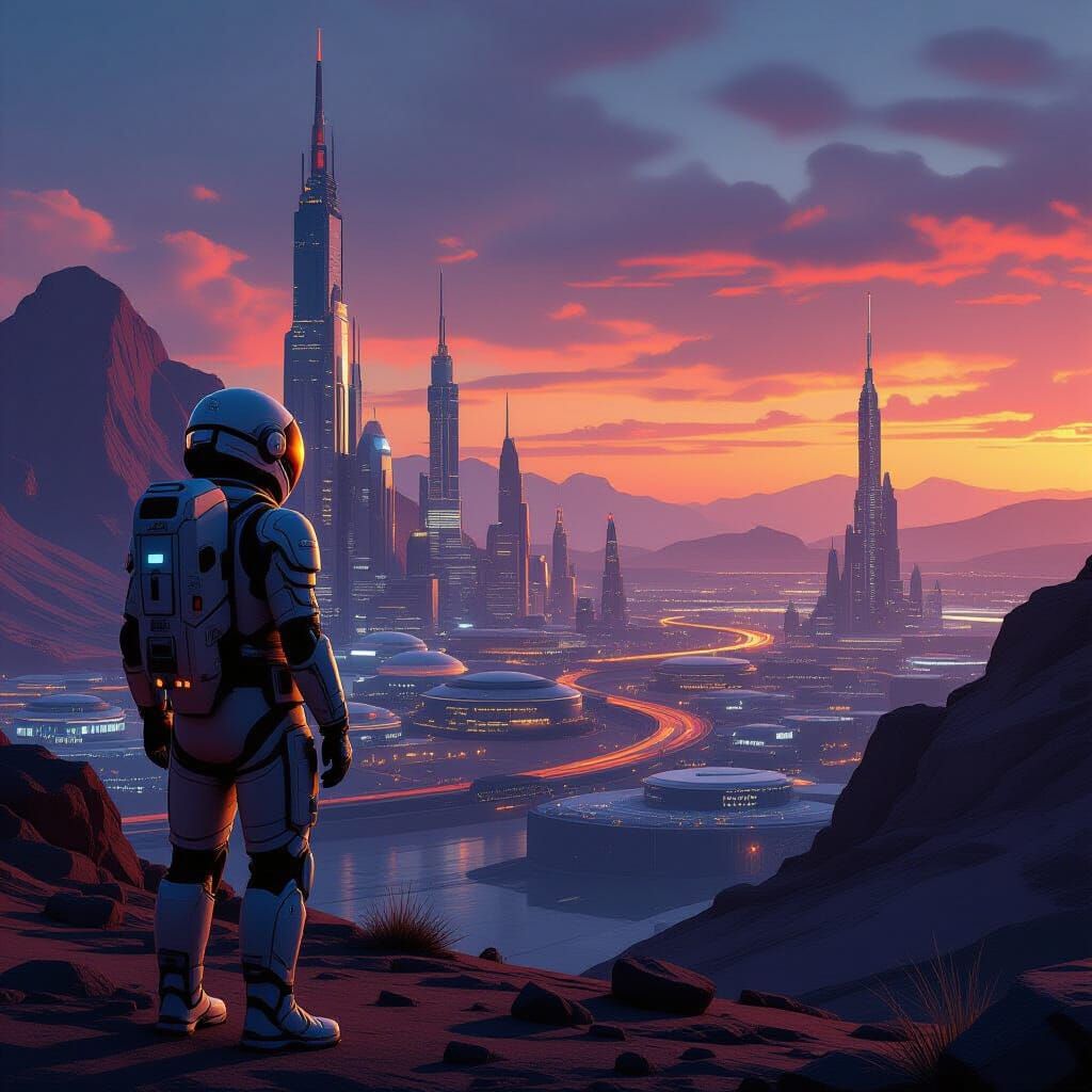 Martian Metropolis at Dusk in Grounded Sci-Fi Style