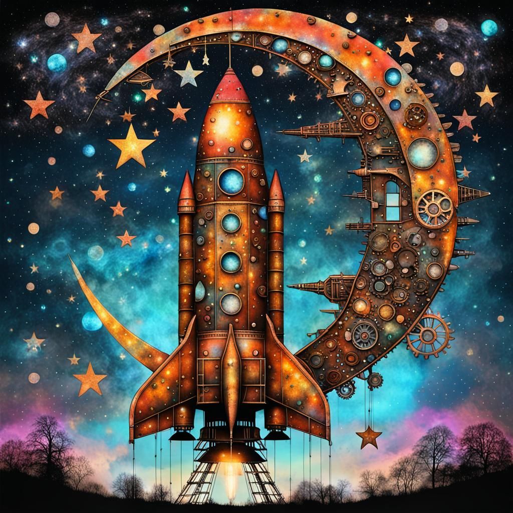 Steampunk Moon Rocket in Surreal Double Exposure